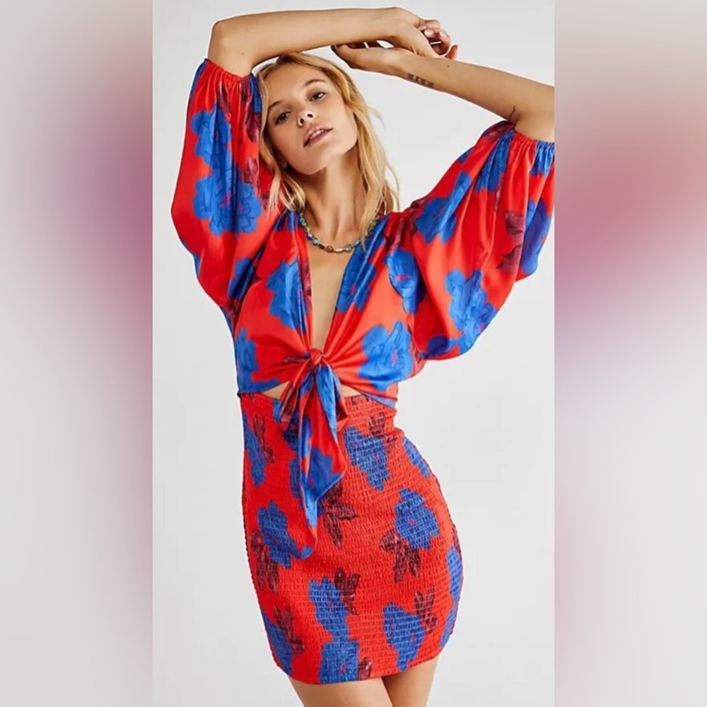 Free People Women's Small Red and Blue Floral Mini Dress Colorful